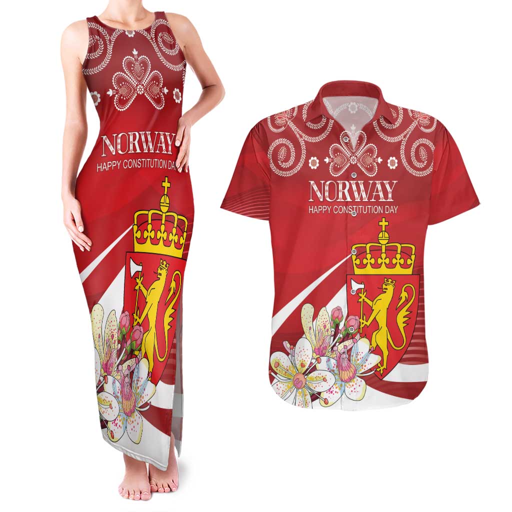 Personalized Norway Constitution Day Couples Matching Tank Maxi Dress and Hawaiian Shirt Norwegian Lion Pyramidal Saxifrage
