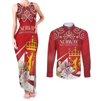 Personalized Norway Constitution Day Couples Matching Tank Maxi Dress and Long Sleeve Button Shirt Norwegian Lion Pyramidal Saxifrage
