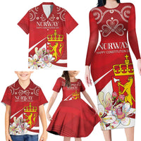 Personalized Norway Constitution Day Family Matching Long Sleeve Bodycon Dress and Hawaiian Shirt Norwegian Lion Pyramidal Saxifrage