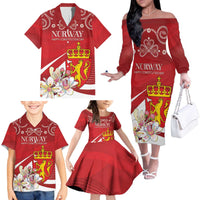 Personalized Norway Constitution Day Family Matching Off The Shoulder Long Sleeve Dress and Hawaiian Shirt Norwegian Lion Pyramidal Saxifrage