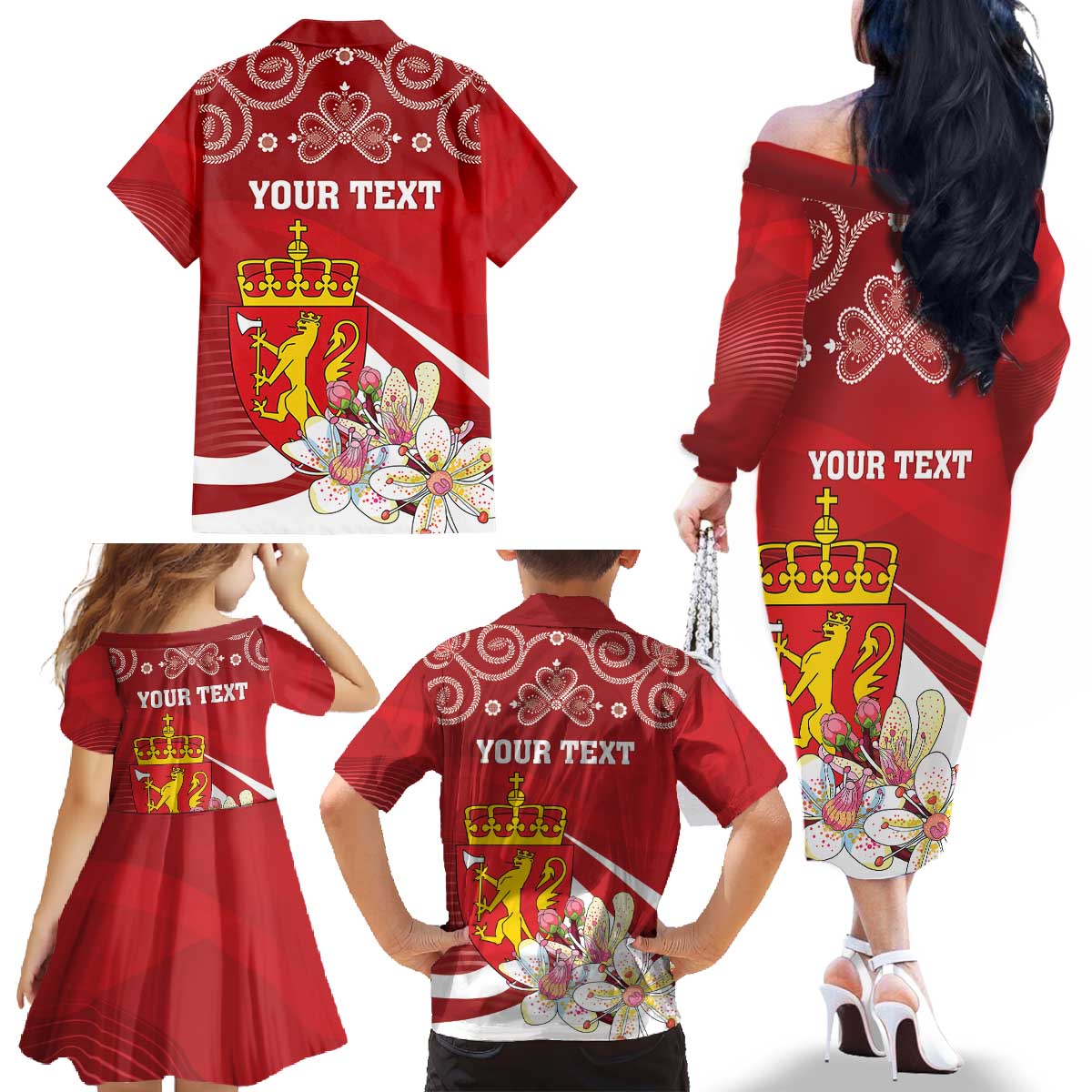 Personalized Norway Constitution Day Family Matching Off The Shoulder Long Sleeve Dress and Hawaiian Shirt Norwegian Lion Pyramidal Saxifrage