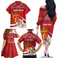 Personalized Norway Constitution Day Family Matching Off The Shoulder Long Sleeve Dress and Hawaiian Shirt Norwegian Lion Pyramidal Saxifrage