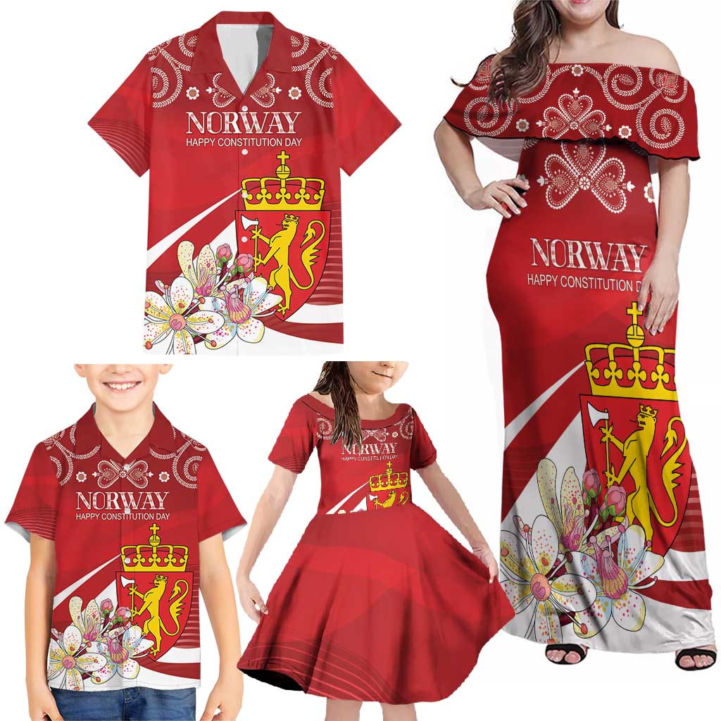 Personalized Norway Constitution Day Family Matching Off Shoulder Maxi Dress and Hawaiian Shirt Norwegian Lion Pyramidal Saxifrage