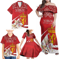 Personalized Norway Constitution Day Family Matching Off Shoulder Maxi Dress and Hawaiian Shirt Norwegian Lion Pyramidal Saxifrage