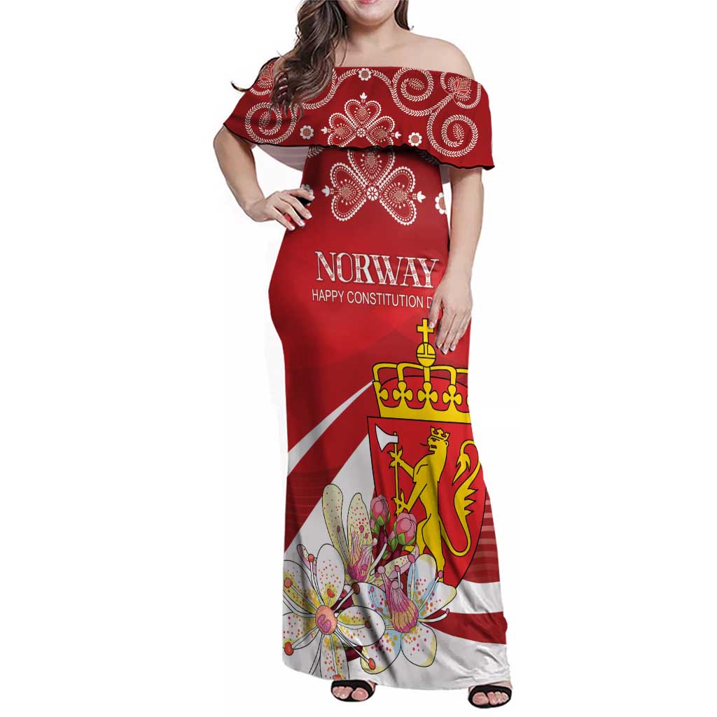 Personalized Norway Constitution Day Family Matching Off Shoulder Maxi Dress and Hawaiian Shirt Norwegian Lion Pyramidal Saxifrage