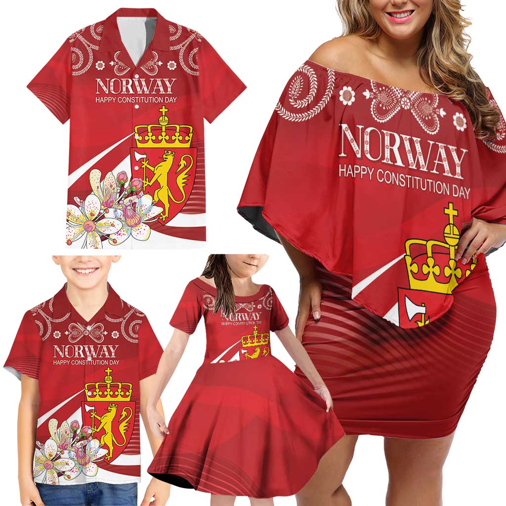 Personalized Norway Constitution Day Family Matching Off Shoulder Short Dress and Hawaiian Shirt Norwegian Lion Pyramidal Saxifrage