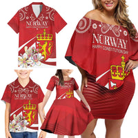 Personalized Norway Constitution Day Family Matching Off Shoulder Short Dress and Hawaiian Shirt Norwegian Lion Pyramidal Saxifrage