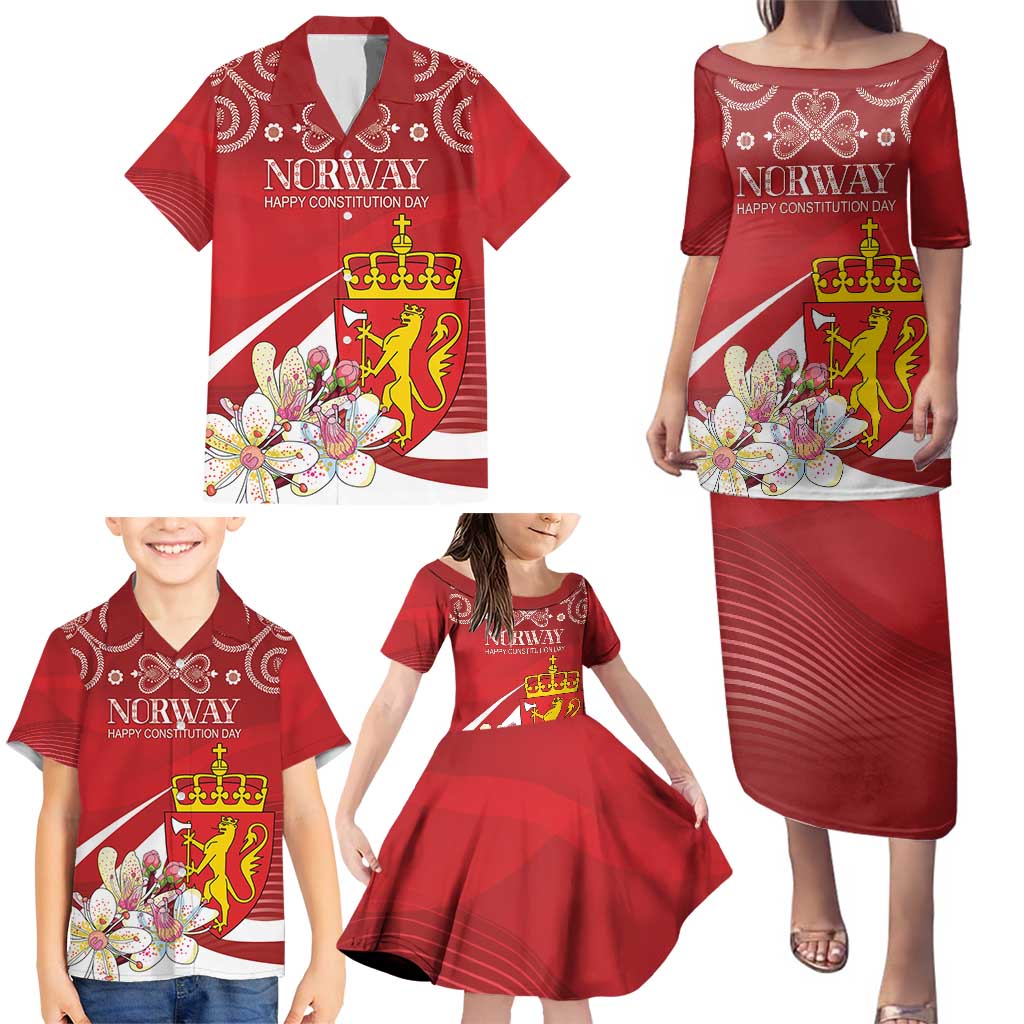 Personalized Norway Constitution Day Family Matching Puletasi and Hawaiian Shirt Norwegian Lion Pyramidal Saxifrage