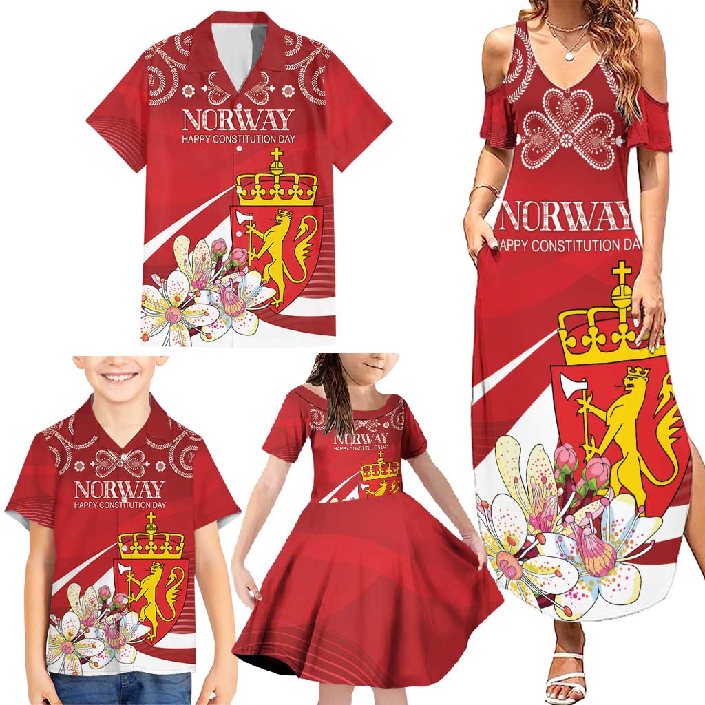 Personalized Norway Constitution Day Family Matching Summer Maxi Dress and Hawaiian Shirt Norwegian Lion Pyramidal Saxifrage
