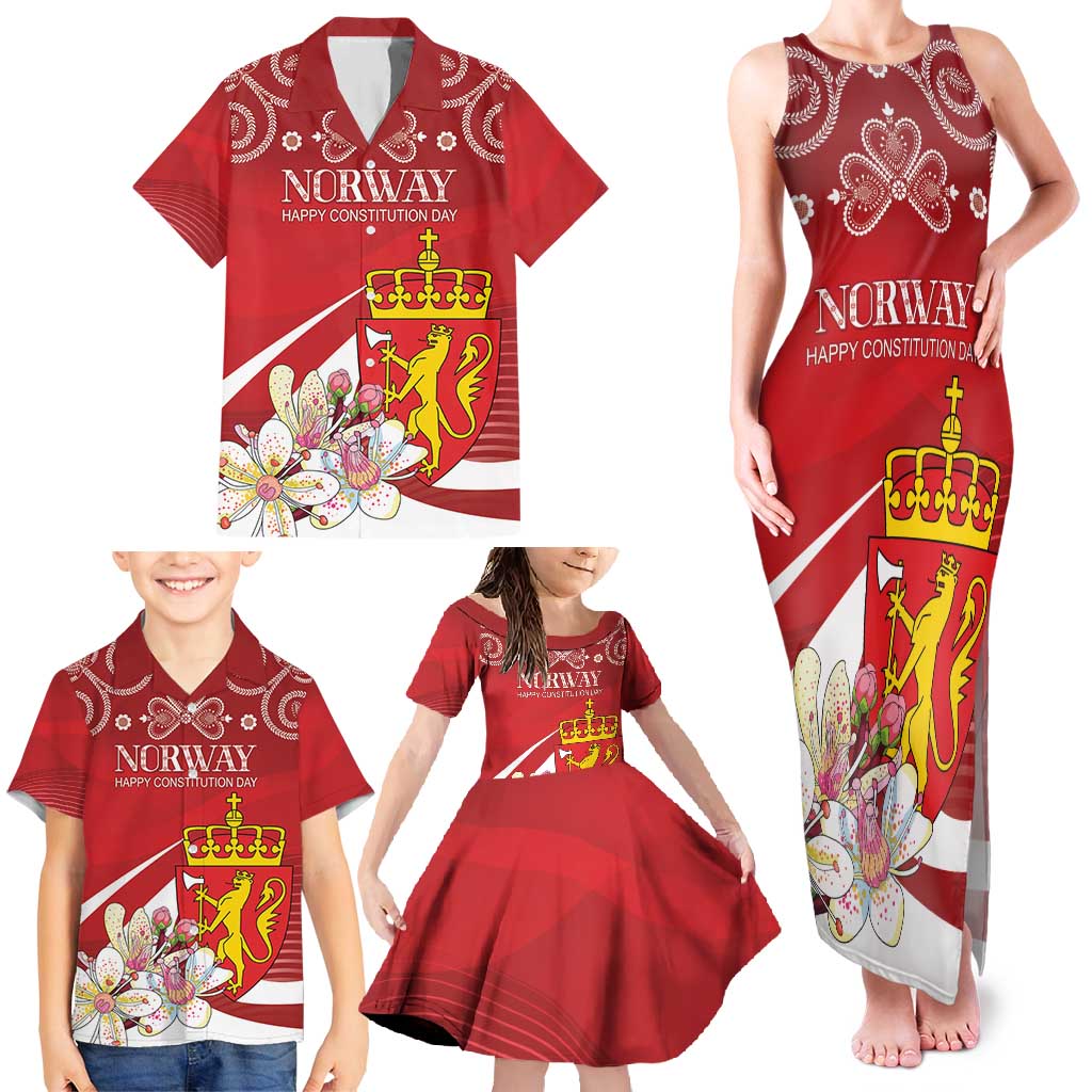 Personalized Norway Constitution Day Family Matching Tank Maxi Dress and Hawaiian Shirt Norwegian Lion Pyramidal Saxifrage