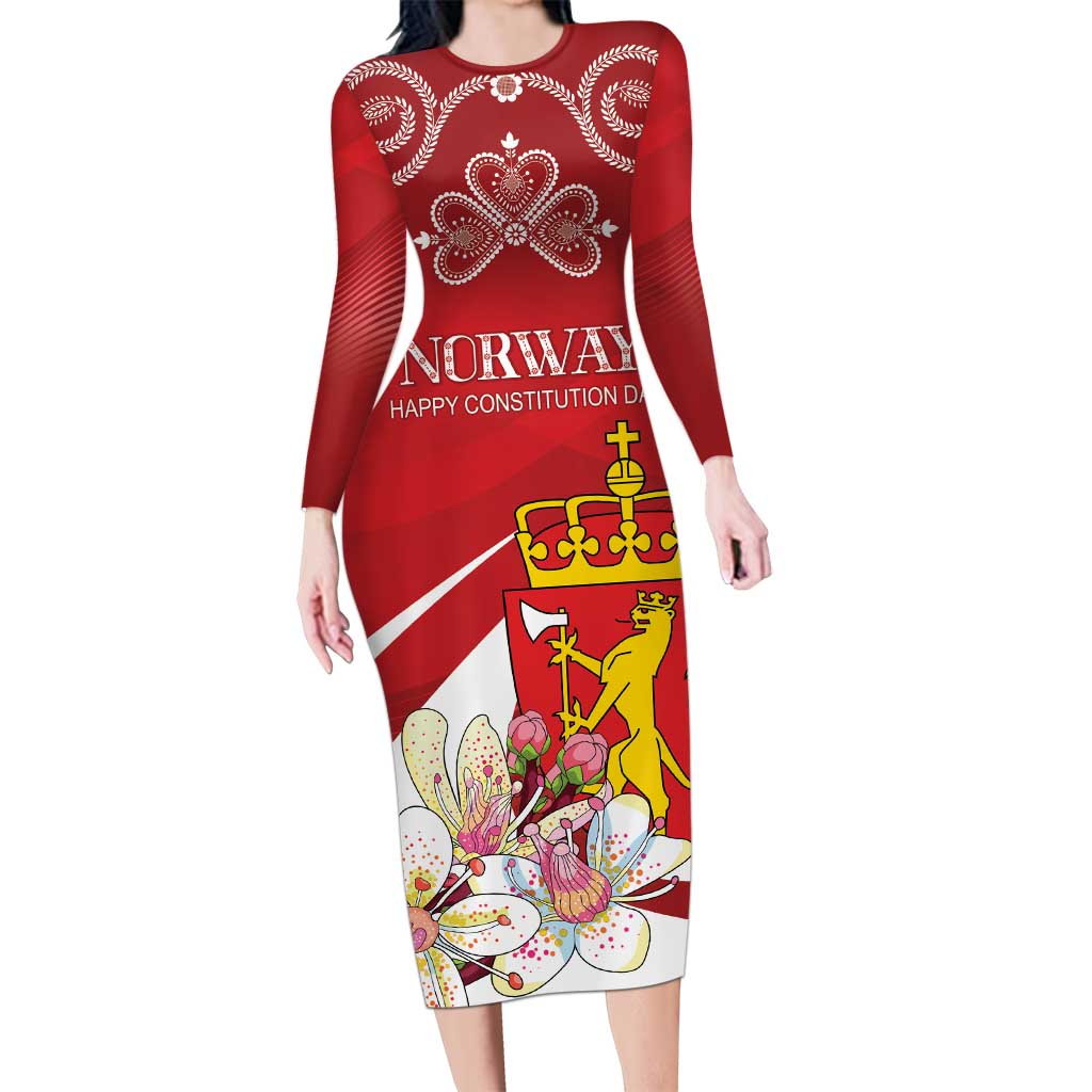 Personalized Norway Constitution Day Long Sleeve Bodycon Dress Norwegian Lion Pyramidal Saxifrage