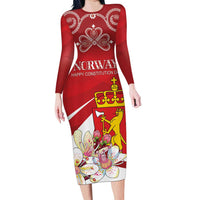 Personalized Norway Constitution Day Long Sleeve Bodycon Dress Norwegian Lion Pyramidal Saxifrage