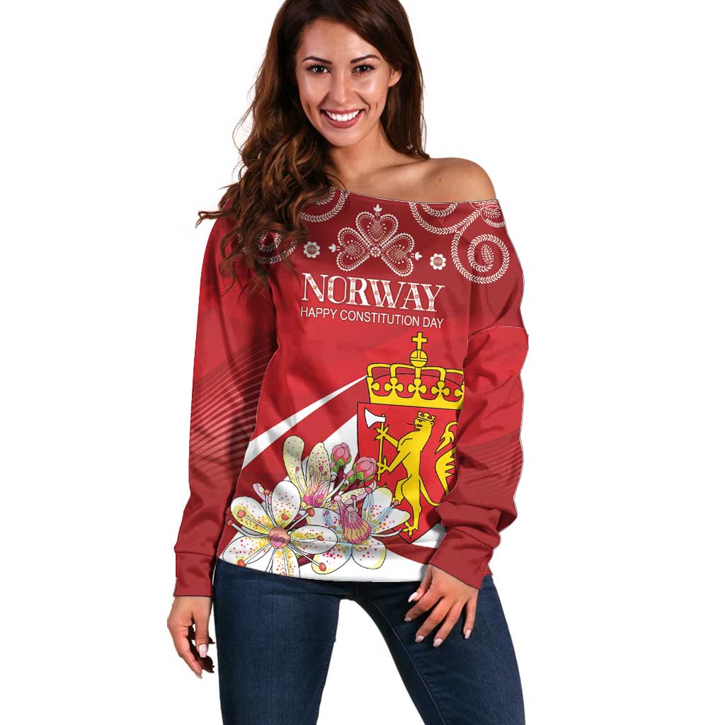 Personalized Norway Constitution Day Off Shoulder Sweater Norwegian Lion Pyramidal Saxifrage
