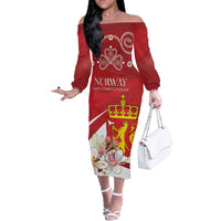 Personalized Norway Constitution Day Off The Shoulder Long Sleeve Dress Norwegian Lion Pyramidal Saxifrage