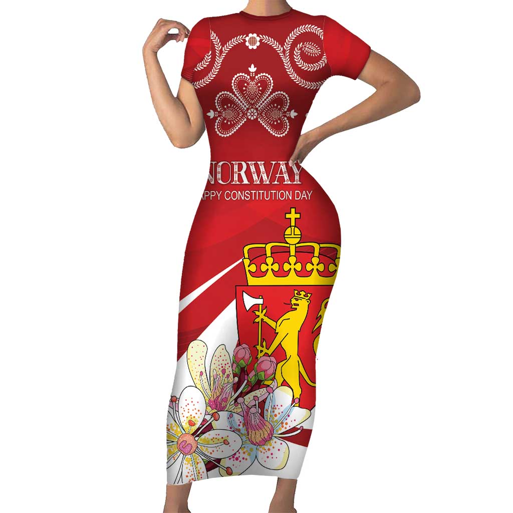Personalized Norway Constitution Day Short Sleeve Bodycon Dress Norwegian Lion Pyramidal Saxifrage