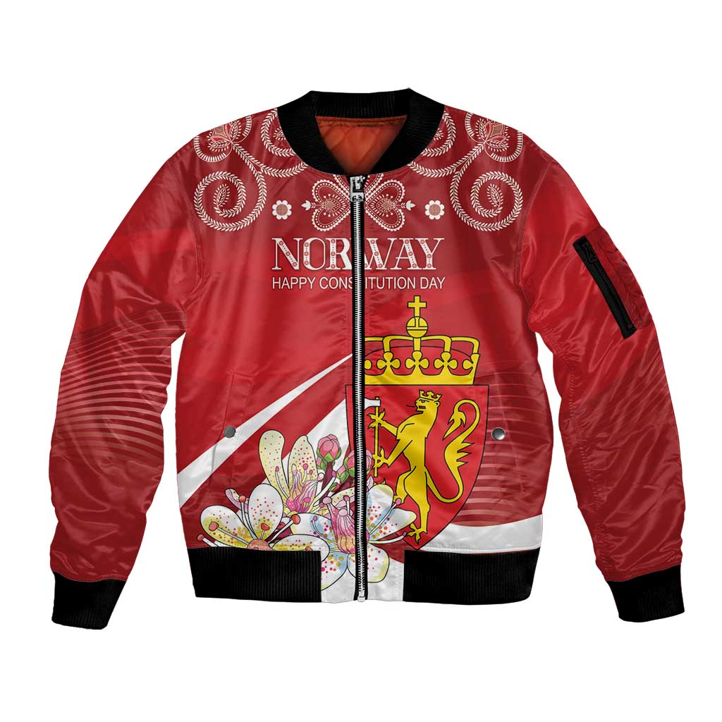 Personalized Norway Constitution Day Sleeve Zip Bomber Jacket Norwegian Lion Pyramidal Saxifrage