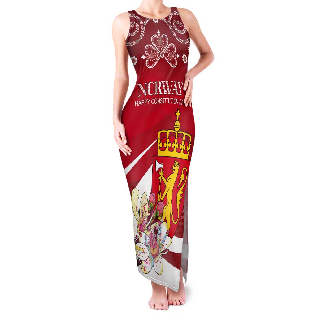 Personalized Norway Constitution Day Tank Maxi Dress Norwegian Lion Pyramidal Saxifrage