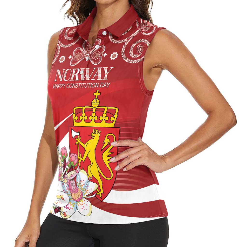 Personalized Norway Constitution Day Women Sleeveless Polo Shirt Norwegian Lion Pyramidal Saxifrage