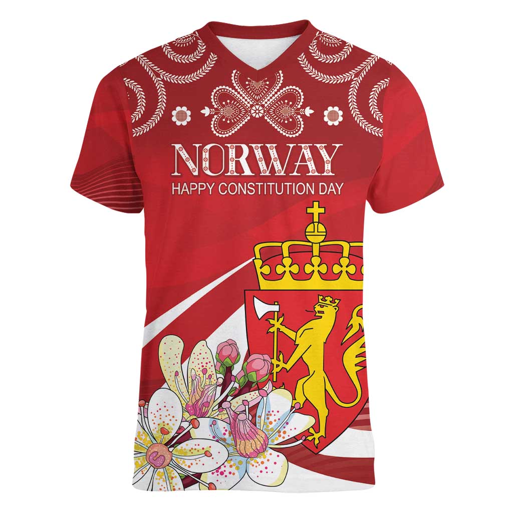 Personalized Norway Constitution Day Women V-Neck T-Shirt Norwegian Lion Pyramidal Saxifrage