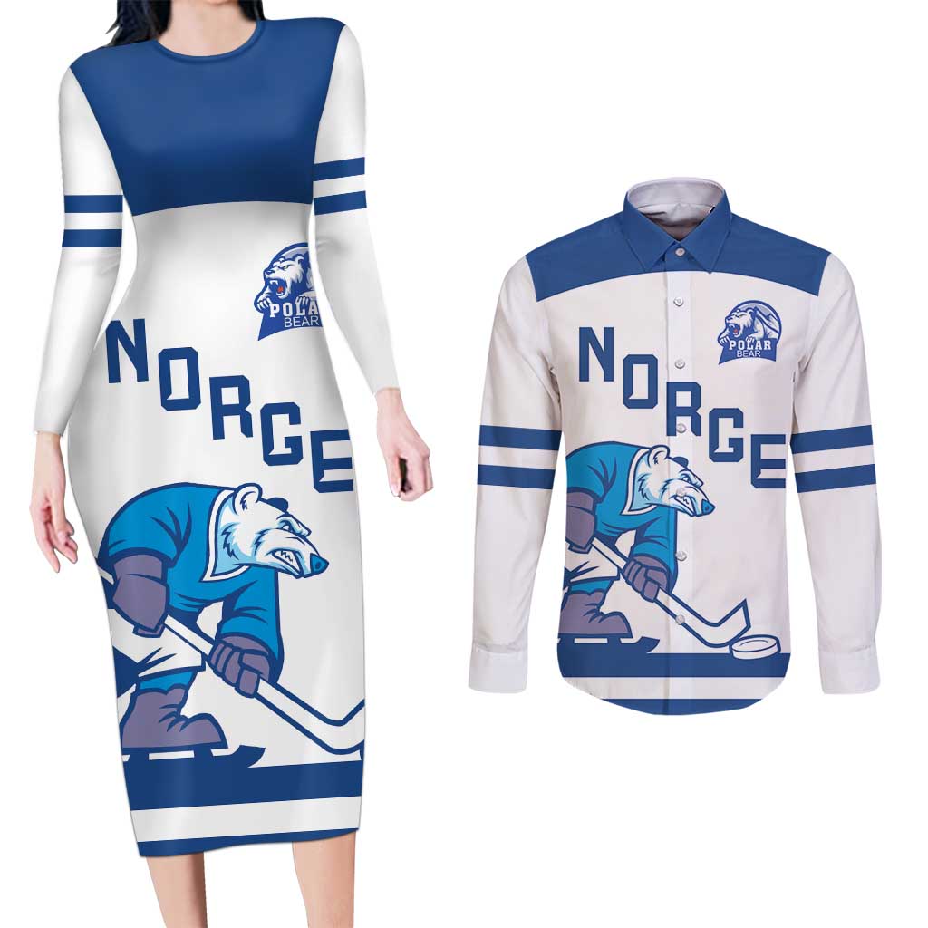 Custom Norway Hockey Couples Matching Long Sleeve Bodycon Dress and Long Sleeve Button Shirt Norge Polar Bears