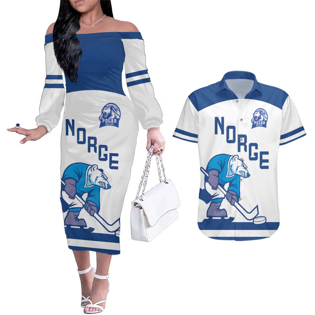 Custom Norway Hockey Couples Matching Off The Shoulder Long Sleeve Dress and Hawaiian Shirt Norge Polar Bears