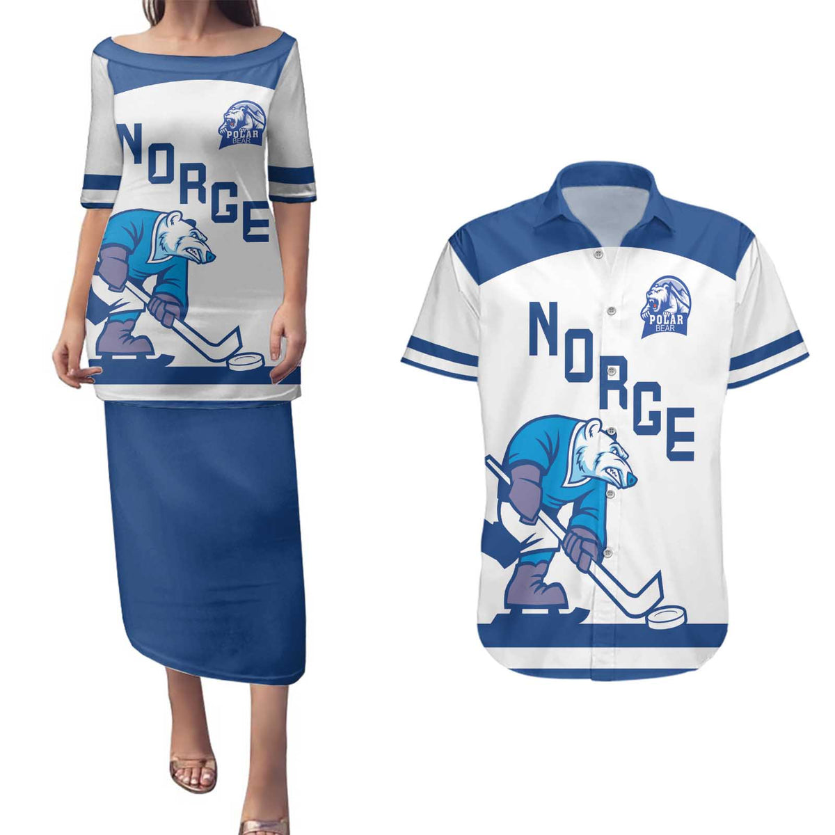 Custom Norway Hockey Couples Matching Puletasi and Hawaiian Shirt Norge Polar Bears