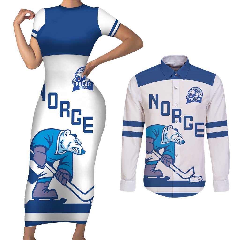 Custom Norway Hockey Couples Matching Short Sleeve Bodycon Dress and Long Sleeve Button Shirt Norge Polar Bears