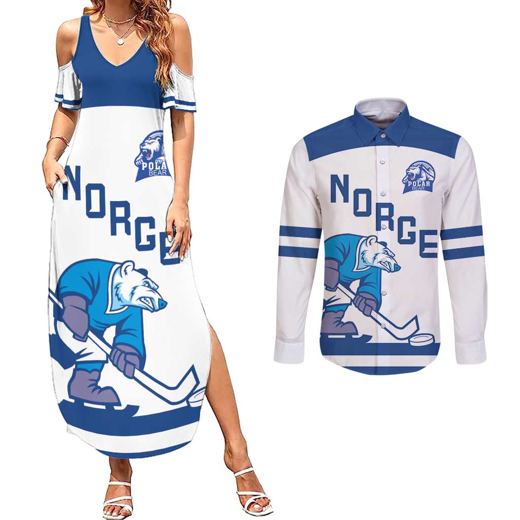 Custom Norway Hockey Couples Matching Summer Maxi Dress and Long Sleeve Button Shirt Norge Polar Bears
