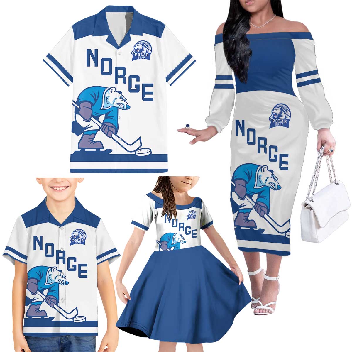 Custom Norway Hockey Family Matching Off The Shoulder Long Sleeve Dress and Hawaiian Shirt Norge Polar Bears