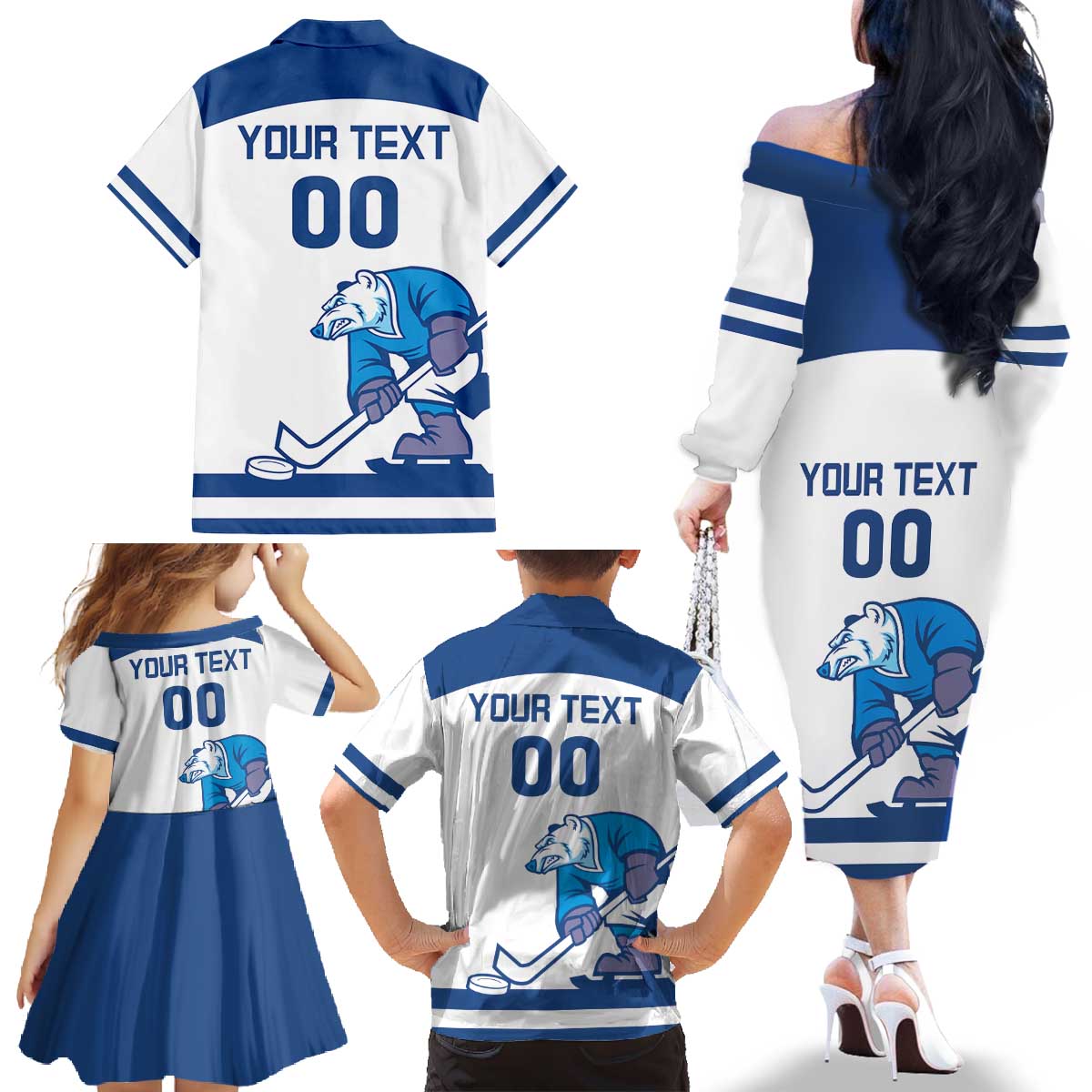 Custom Norway Hockey Family Matching Off The Shoulder Long Sleeve Dress and Hawaiian Shirt Norge Polar Bears