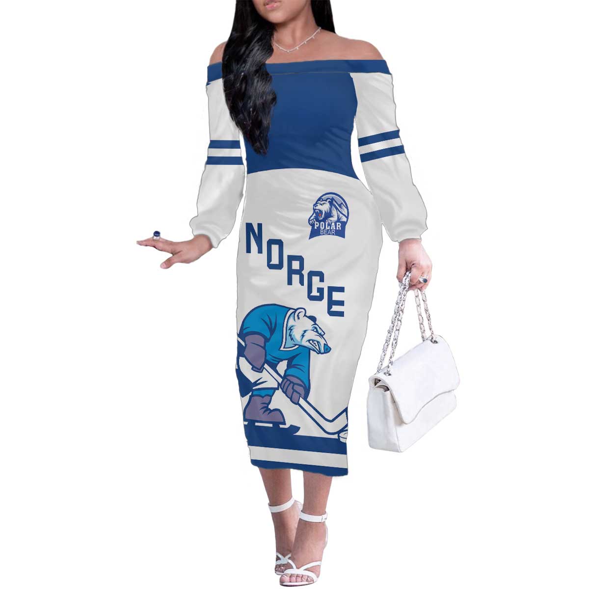Custom Norway Hockey Family Matching Off The Shoulder Long Sleeve Dress and Hawaiian Shirt Norge Polar Bears