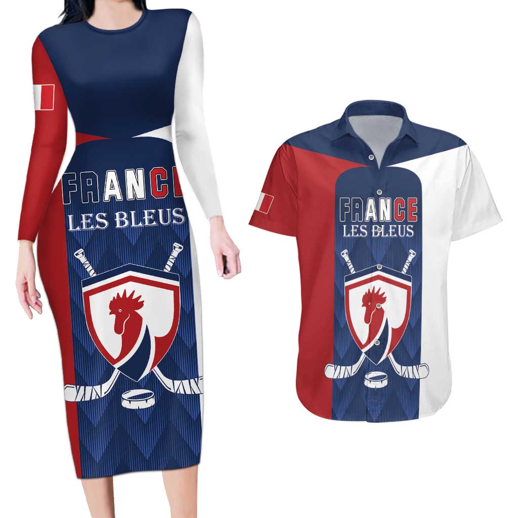 Custom France Hockey Couples Matching Long Sleeve Bodycon Dress and Hawaiian Shirt Les Bleus Go Champions