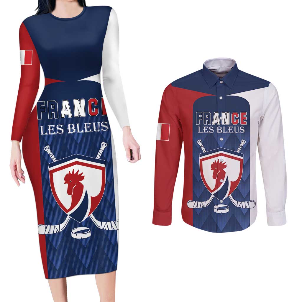 Custom France Hockey Couples Matching Long Sleeve Bodycon Dress and Long Sleeve Button Shirt Les Bleus Go Champions