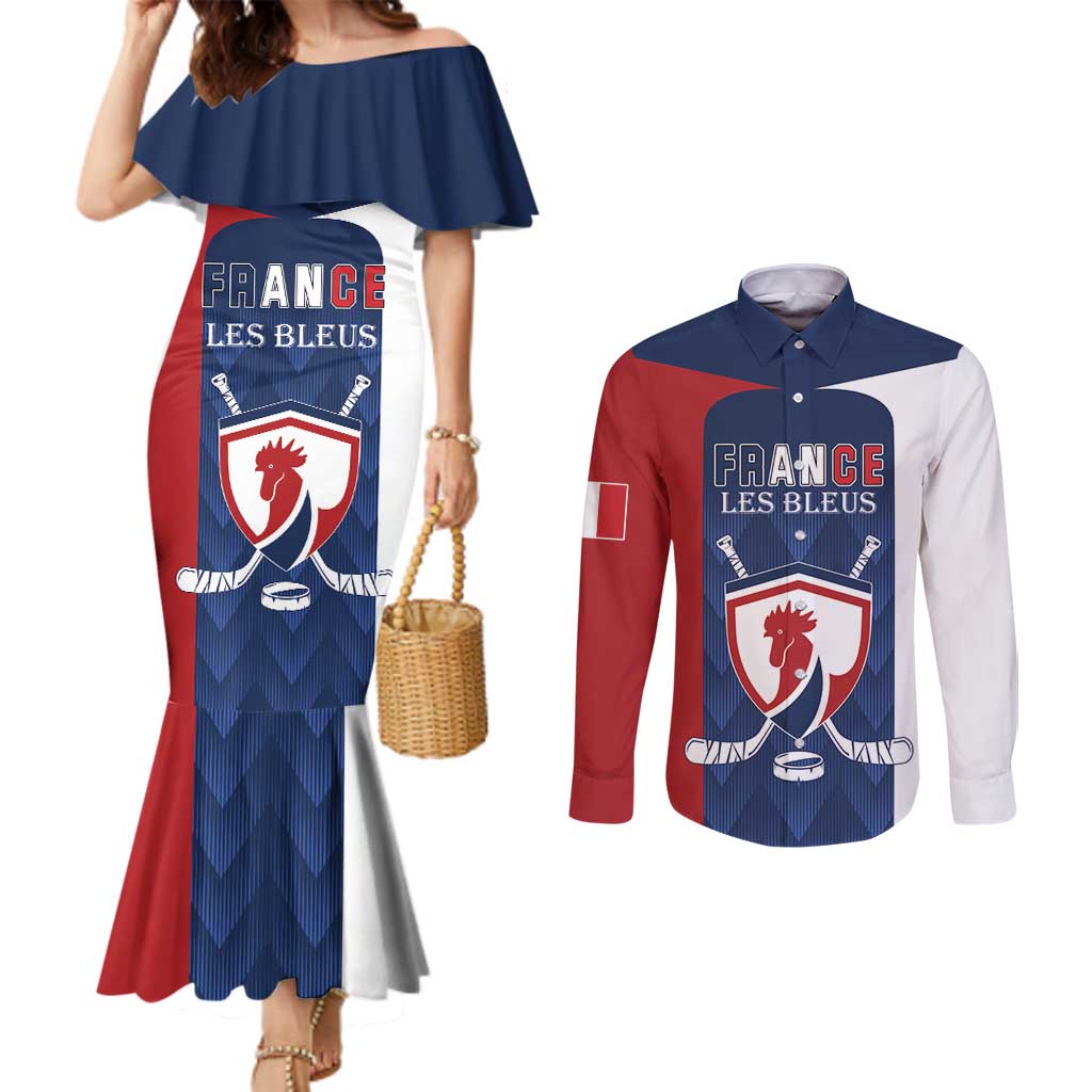 Custom France Hockey Couples Matching Mermaid Dress and Long Sleeve Button Shirt Les Bleus Go Champions