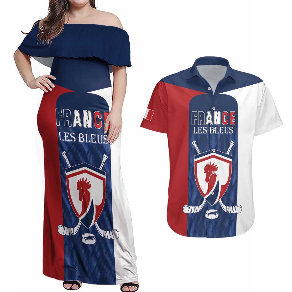 Custom France Hockey Couples Matching Off Shoulder Maxi Dress and Hawaiian Shirt Les Bleus Go Champions