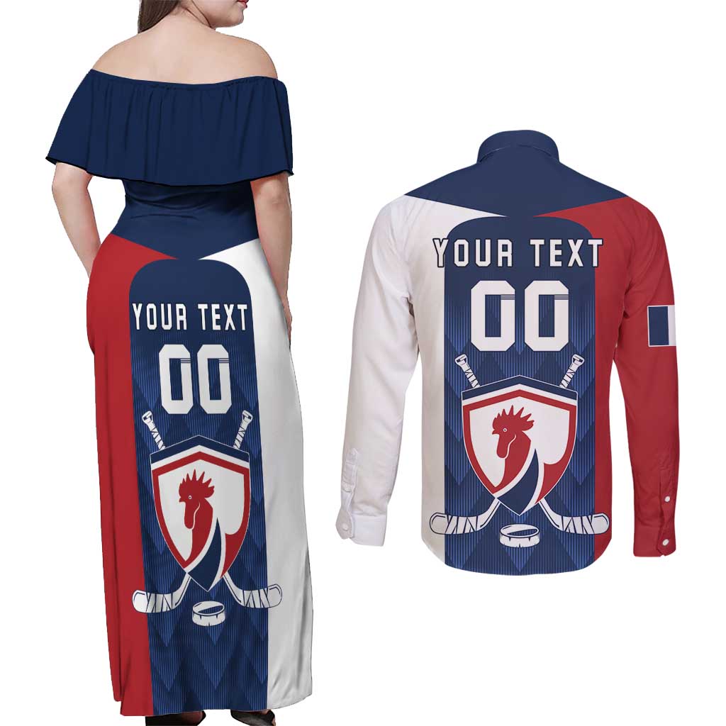Custom France Hockey Couples Matching Off Shoulder Maxi Dress and Long Sleeve Button Shirt Les Bleus Go Champions