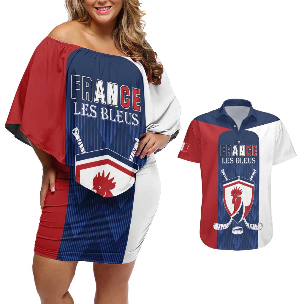 Custom France Hockey Couples Matching Off Shoulder Short Dress and Hawaiian Shirt Les Bleus Go Champions