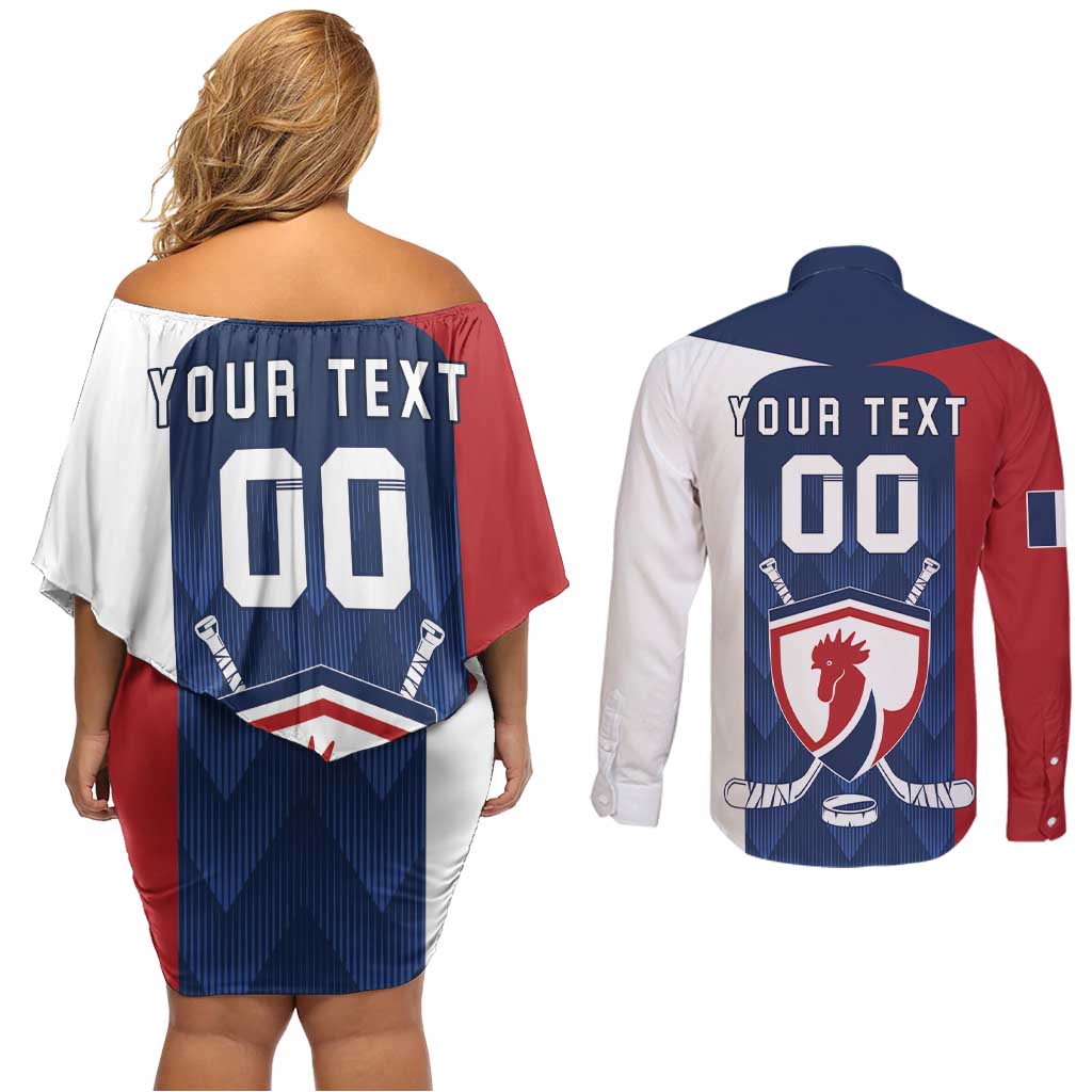 Custom France Hockey Couples Matching Off Shoulder Short Dress and Long Sleeve Button Shirt Les Bleus Go Champions