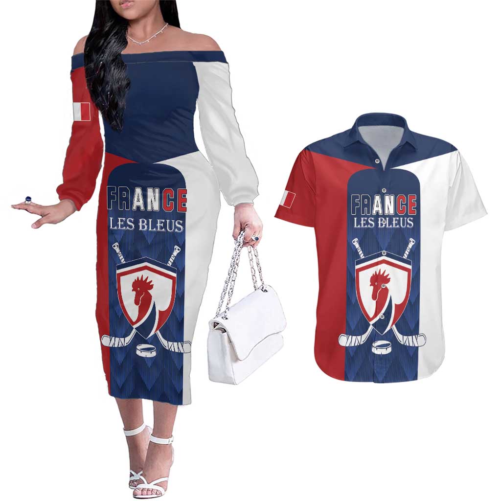 Custom France Hockey Couples Matching Off The Shoulder Long Sleeve Dress and Hawaiian Shirt Les Bleus Go Champions