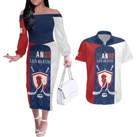 Custom France Hockey Couples Matching Off The Shoulder Long Sleeve Dress and Hawaiian Shirt Les Bleus Go Champions