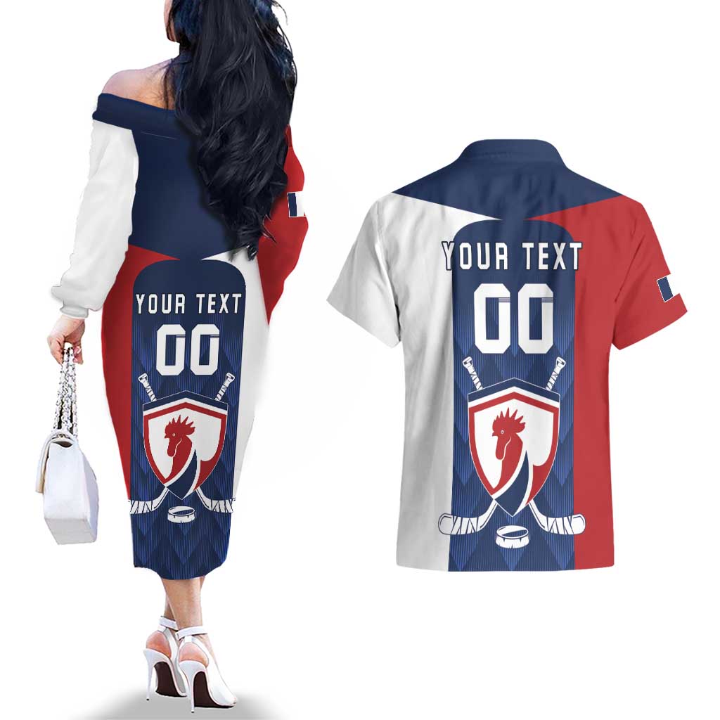 Custom France Hockey Couples Matching Off The Shoulder Long Sleeve Dress and Hawaiian Shirt Les Bleus Go Champions