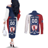 Custom France Hockey Couples Matching Off The Shoulder Long Sleeve Dress and Long Sleeve Button Shirt Les Bleus Go Champions