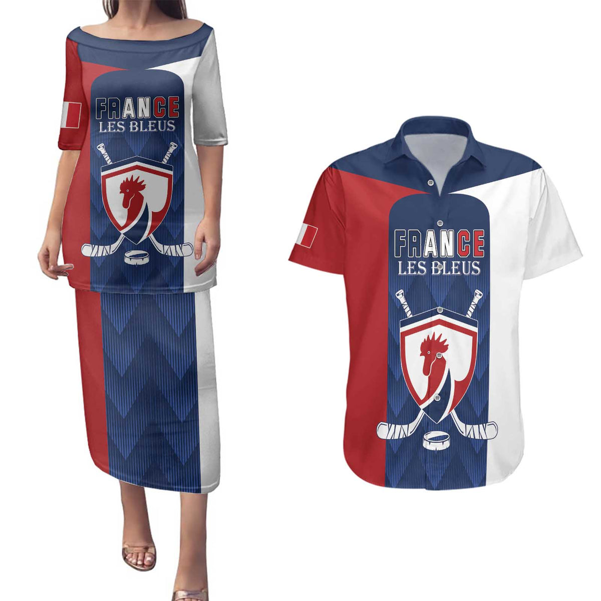 Custom France Hockey Couples Matching Puletasi and Hawaiian Shirt Les Bleus Go Champions