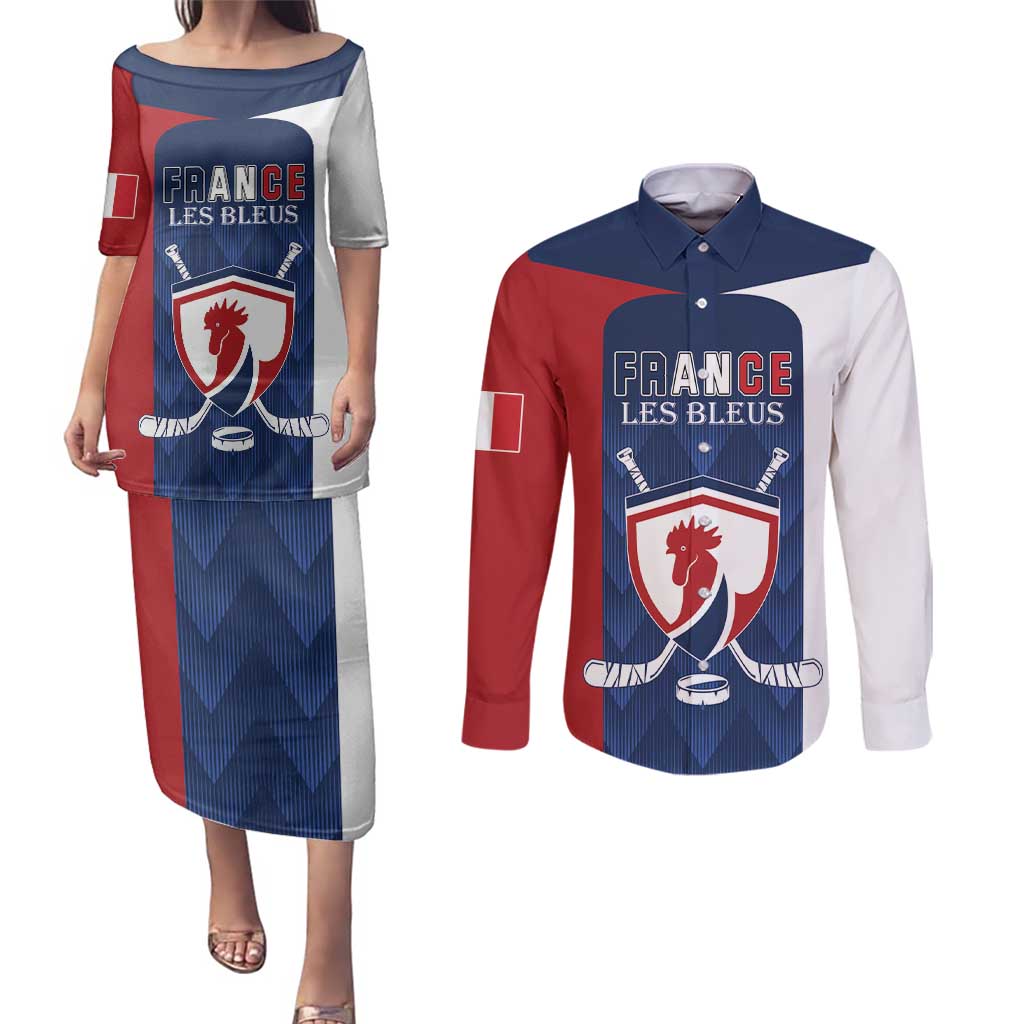 Custom France Hockey Couples Matching Puletasi and Long Sleeve Button Shirt Les Bleus Go Champions