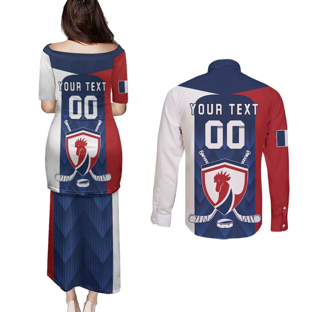 Custom France Hockey Couples Matching Puletasi and Long Sleeve Button Shirt Les Bleus Go Champions