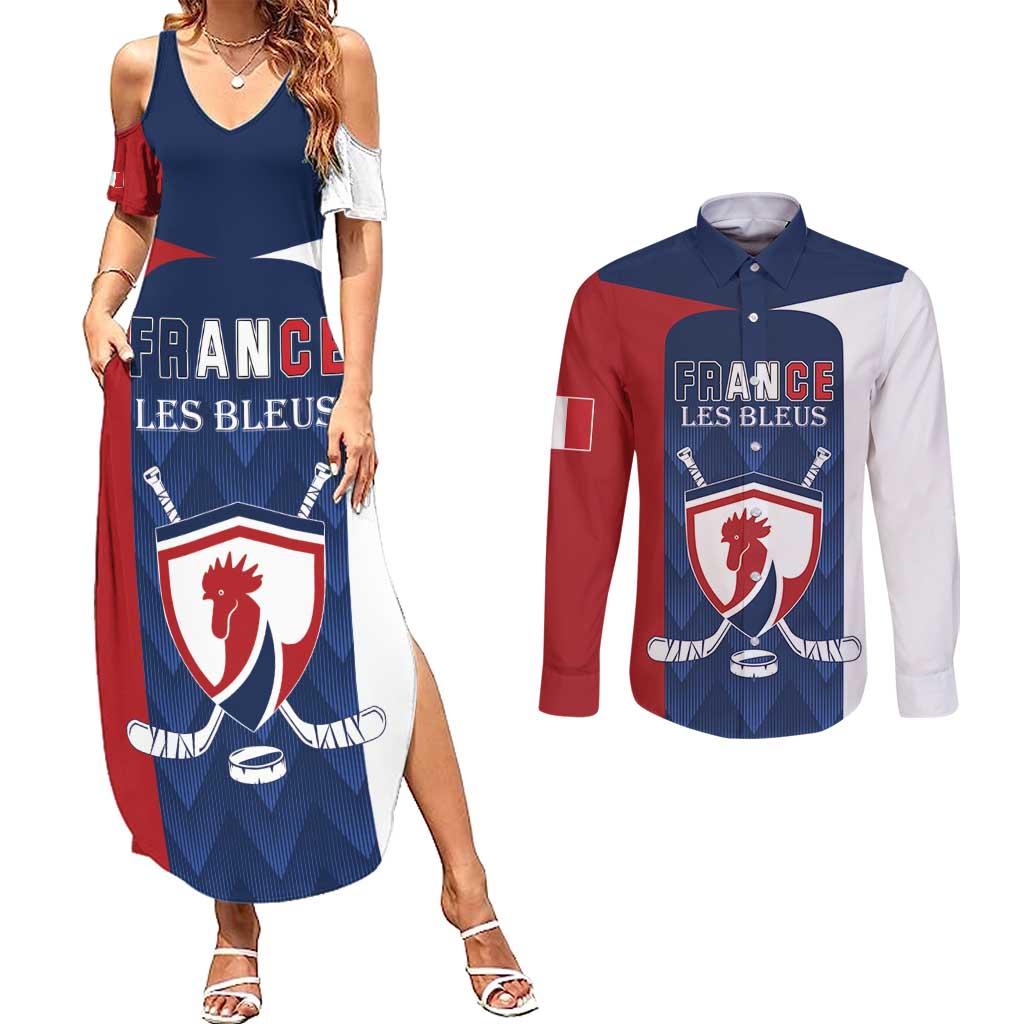 Custom France Hockey Couples Matching Summer Maxi Dress and Long Sleeve Button Shirt Les Bleus Go Champions