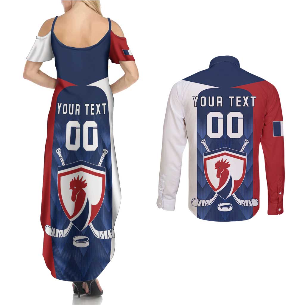 Custom France Hockey Couples Matching Summer Maxi Dress and Long Sleeve Button Shirt Les Bleus Go Champions