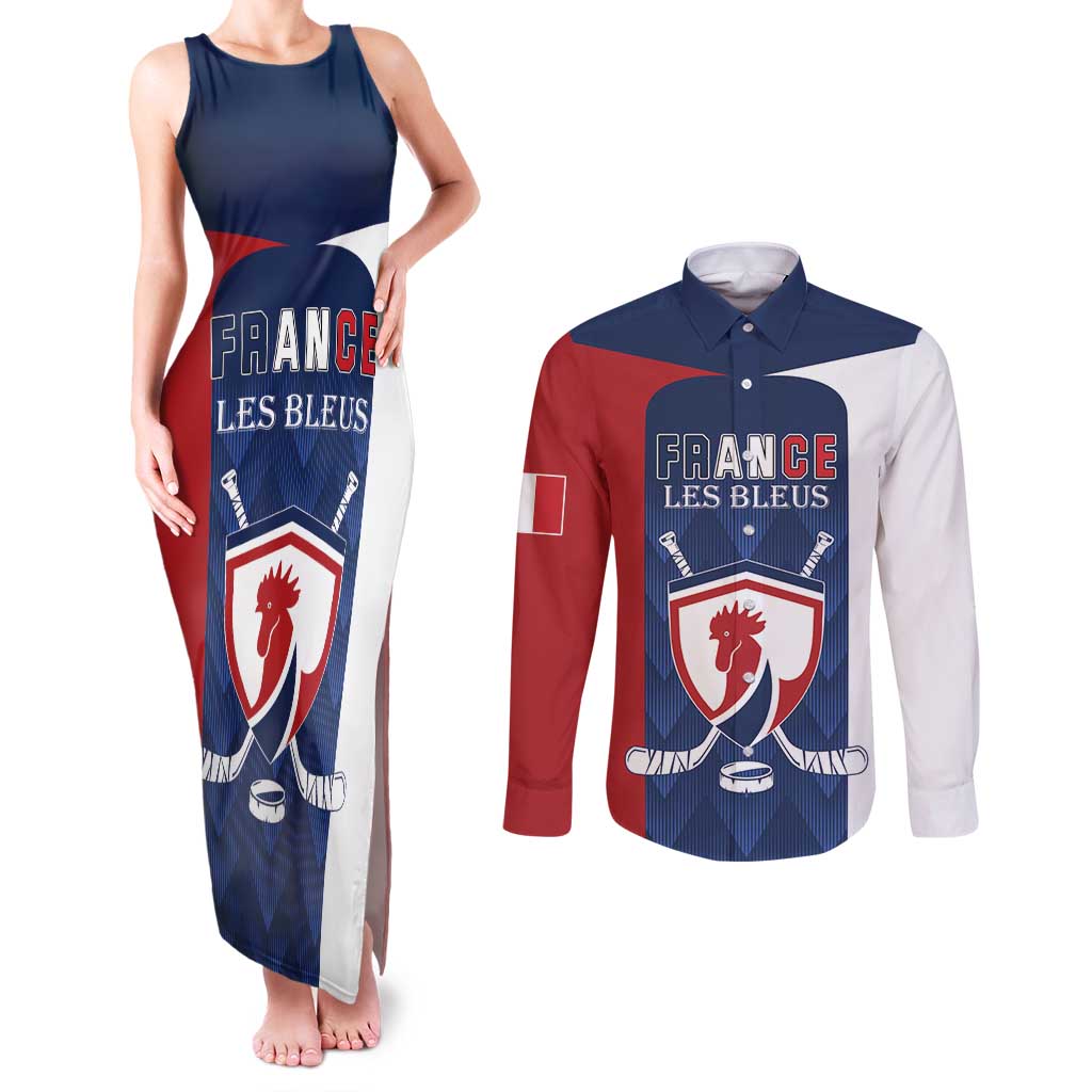 Custom France Hockey Couples Matching Tank Maxi Dress and Long Sleeve Button Shirt Les Bleus Go Champions