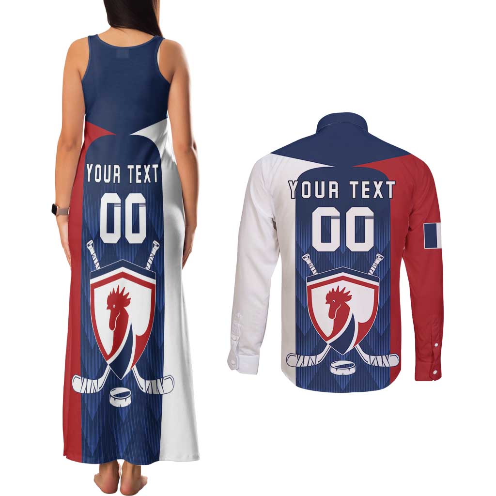 Custom France Hockey Couples Matching Tank Maxi Dress and Long Sleeve Button Shirt Les Bleus Go Champions