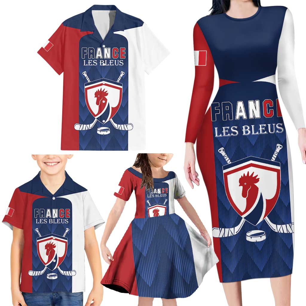 Custom France Hockey Family Matching Long Sleeve Bodycon Dress and Hawaiian Shirt Les Bleus Go Champions